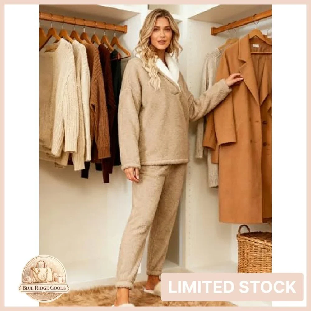 Cozy Sherpa Fleece Pajama Set Oversized Lapel Pullover Lounge Wear Y2K